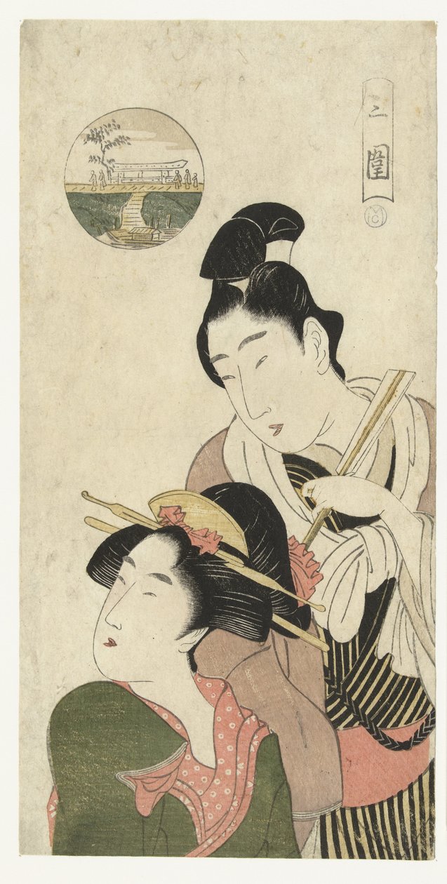 Mies ja nainen harkitsevat vierailua Mimeguriin Mimeguri (otsikko esineessä) tekijältä Momokawa Chôki (attributed to)