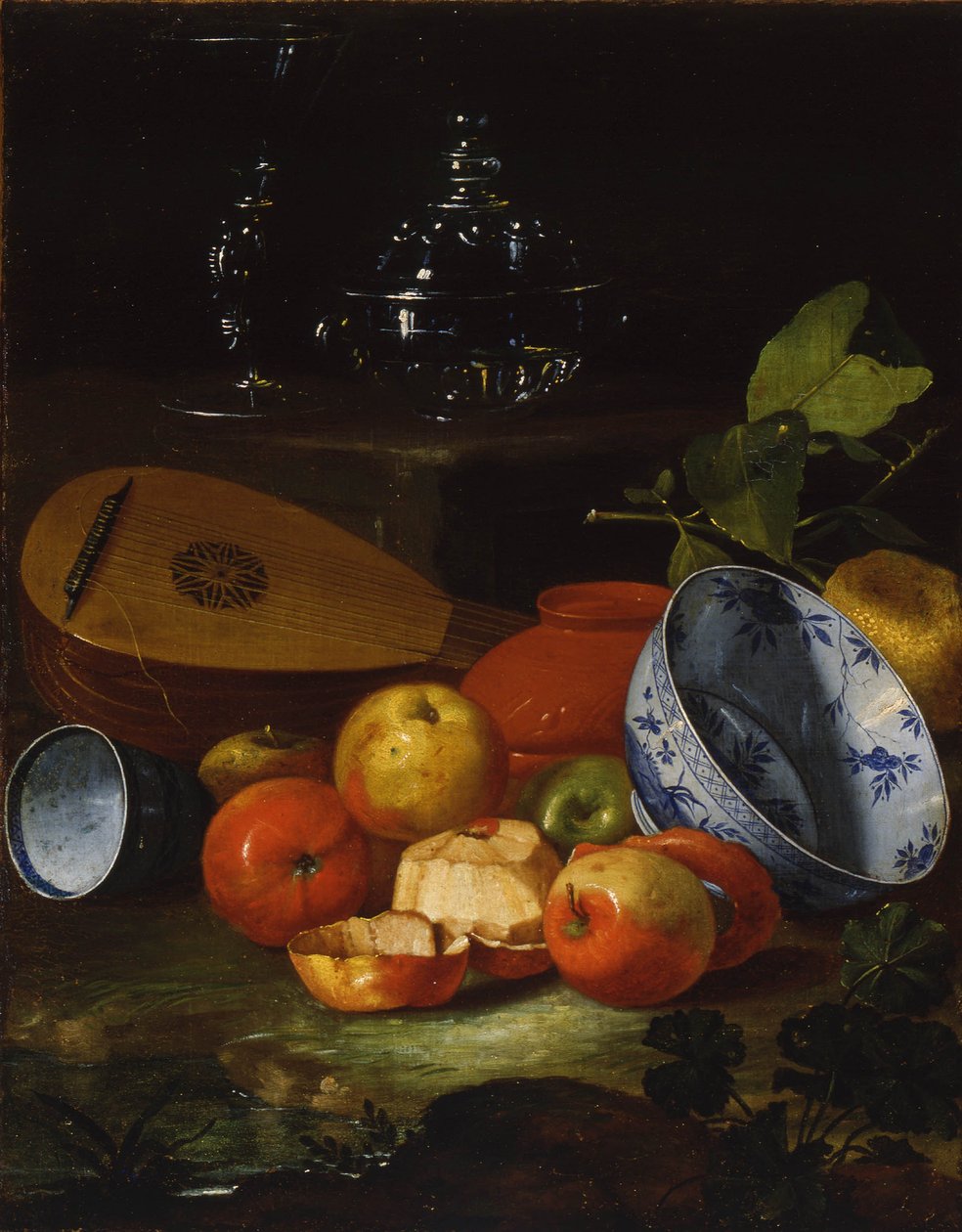 Mandoliini, kuppi ja kulho, posliini, omenat, 1706 tekijältä Monari