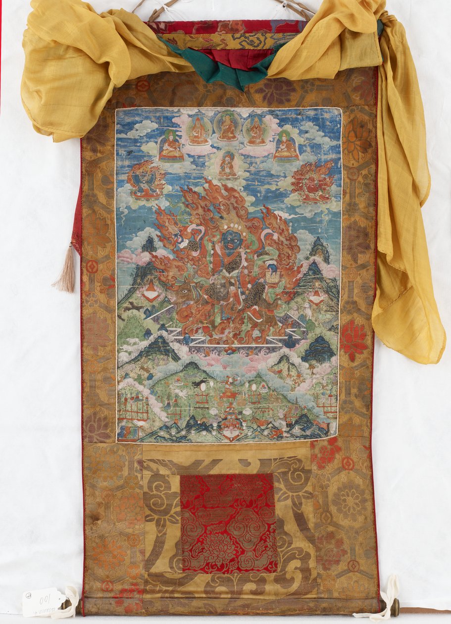 Damjen Garwa Nagpo, 1800-luvun puoliväli (mineraalipigmentit kokoisella puuvillalla, alkuperäiset Qing-brokaattikiinnikkeet, alkuperäinen pölysuoja, mongolialaiset tupsut ja sauva korkilla) tekijältä Mongolian School