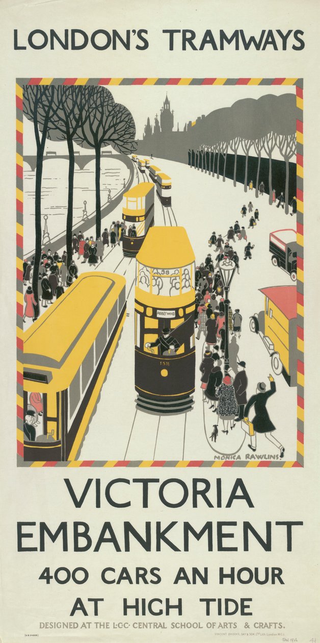 "Victoria Embankment", Lontoon kreivikuntaneuvoston LCC Tramways -juliste, 1926 tekijältä Monica Rawlins