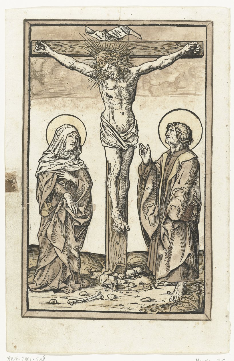 Kristus ristillä Marian ja Johanneksen kanssa tekijältä Monogrammist DS (graveur) (attributed to)