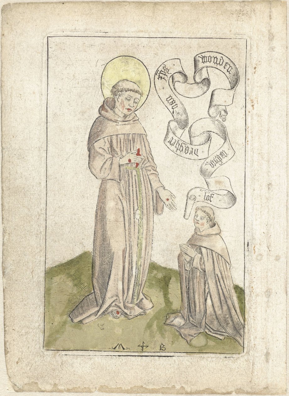 Pyhä Franciscus polvistuvan fransiskaanin kanssa tekijältä Monogrammist MB (Nederlanden)
