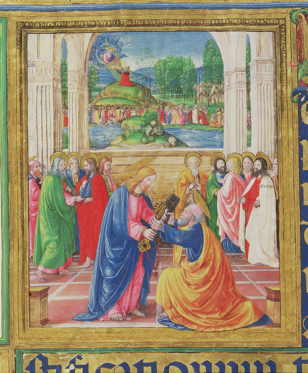 Ms 542 f.3v Kristus antaa avaimet Pyhälle Pietarille, taustalla Jumala toimittaa lain taulut Moosekselle, Don Appianon kirjoittamasta psalterista Badia Fiorentinan kirkosta Firenzestä tekijältä Monte di Giovanni del Fora