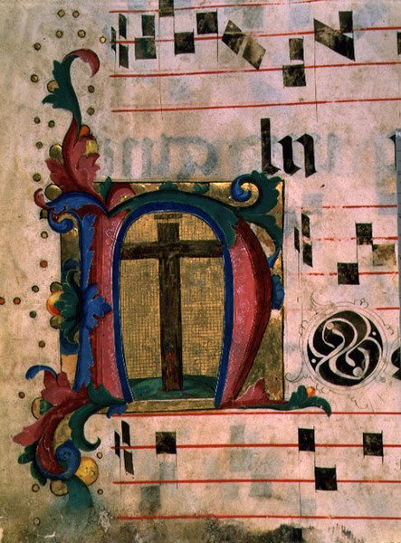 Ms 543 f.121v Historioitu alkukirjain "N" True Crossilla, psalterista, n. 1515 (vellum) tekijältä Monte di Giovanni del Fora