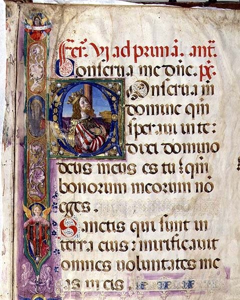 Ms 543 f.1r Historioitu alkukirjain "C", joka kuvaa kuningas Daavidia, Psalter "D", n. 1515 (vellum) tekijältä Monte di Giovanni del Fora