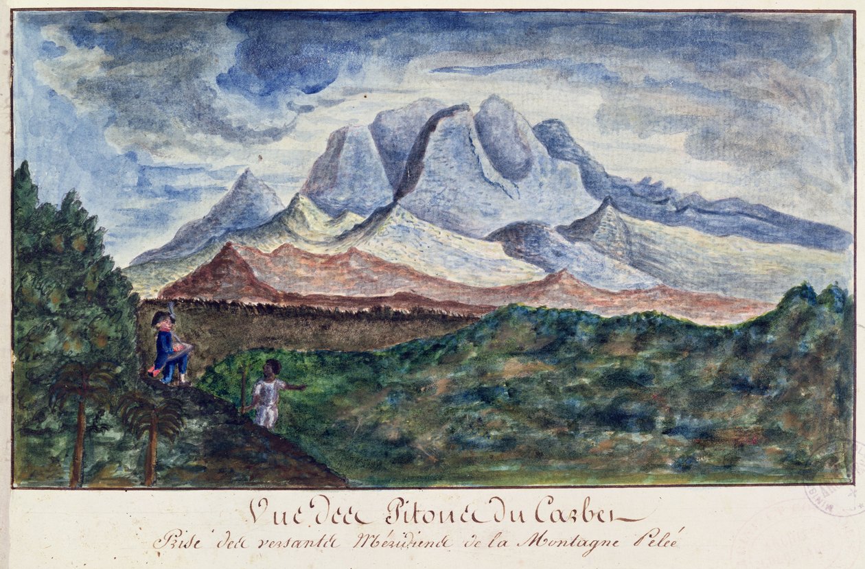 Näkymä Pitons du Carbetille Mount Peleeltä, Martiniquelta, n. 1815 (akvarelli paperille) tekijältä Moreau de Jones