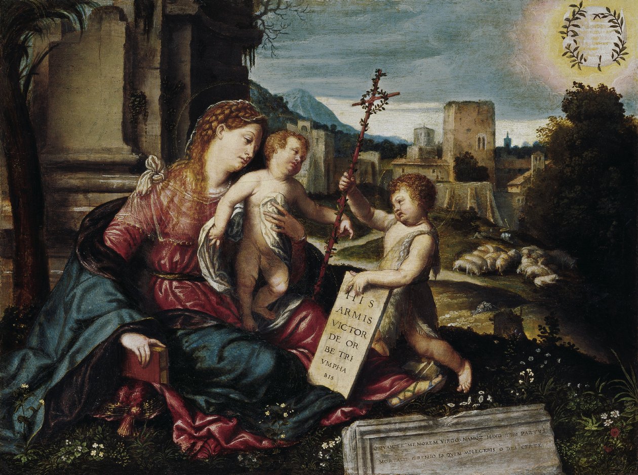 Madonna lapsen ja nuoren St Johnin kanssa tekijältä Moretto da Brescia