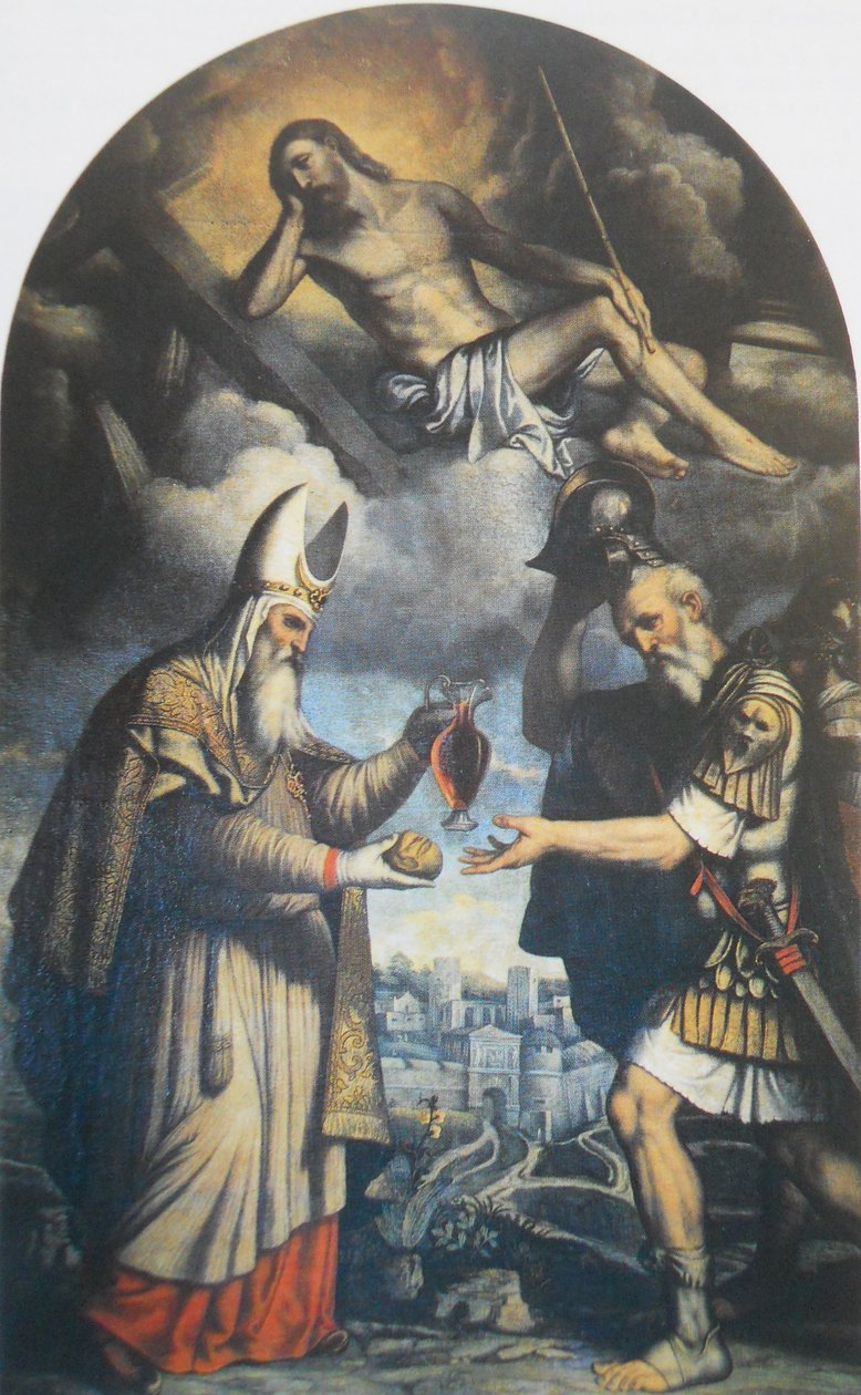 Melkisedek tarjoaa leipää ja viiniä patriarkka Aabrahamille. tekijältä Moretto da Brescia