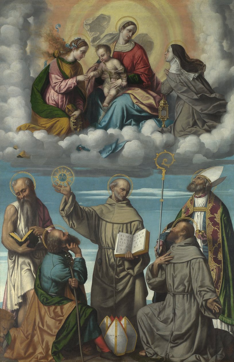 Neitsyt ja lapsi Saint Bernardinon ja muiden pyhien kanssa tekijältä Moretto da Brescia