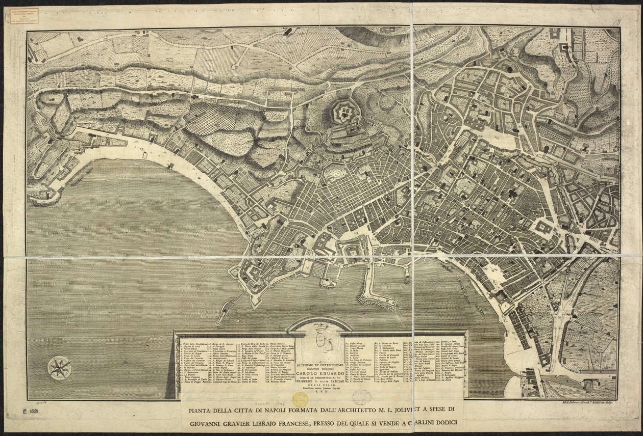 Napolin kartta, Napolin kaupungin suunnitelma ... M.L. Jolivet ... Belin. [sic] ja sclp. 1755 (kaiverrus) tekijältä Morise Lewes Jolivet