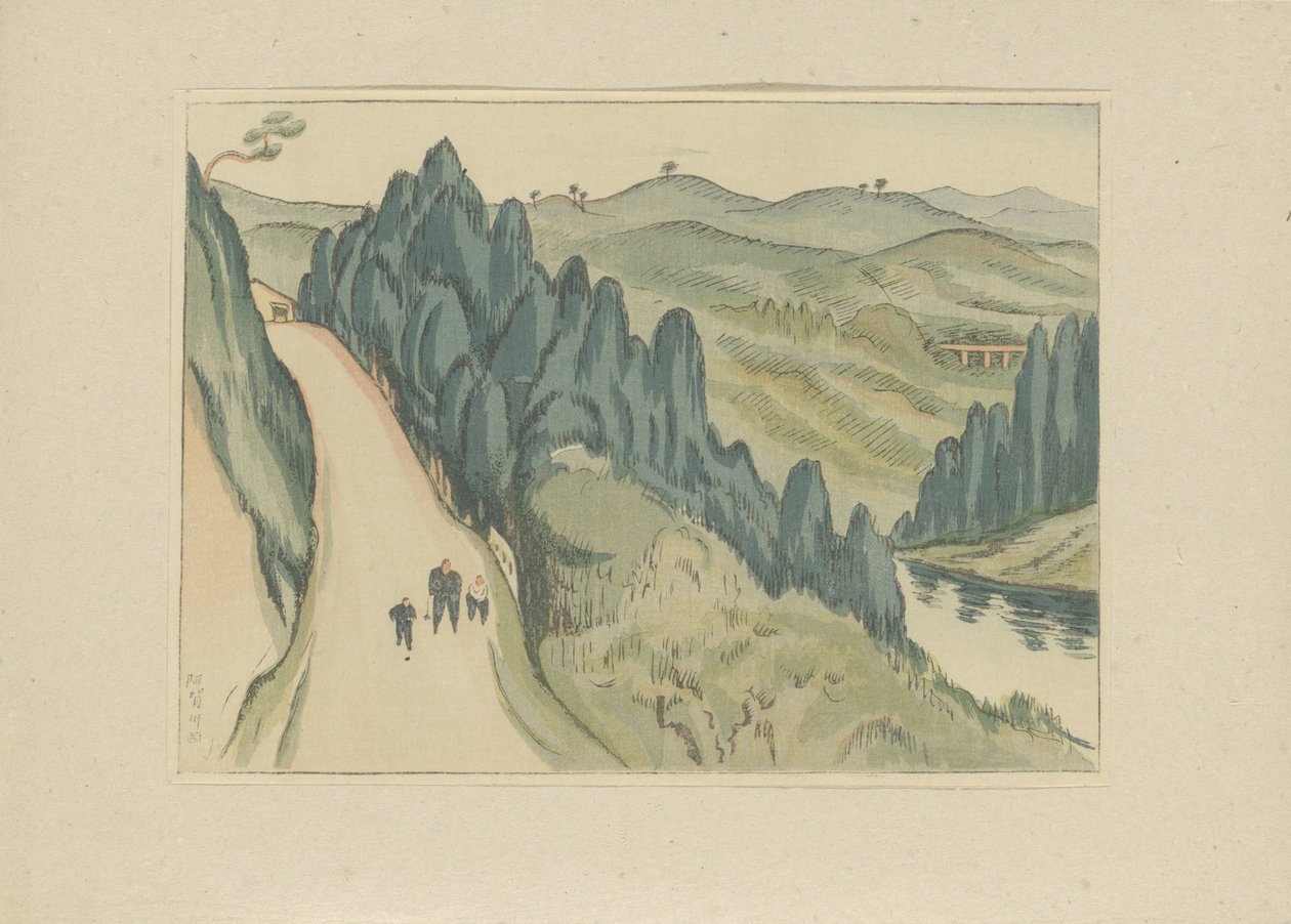 Aga-joki Agagawa (otsikko esineessä) Osa kaksi, Aizun alue (sarjan nimi) Dai nishû, Aizu no bu (sarjan nimi) Printit japanilaisista maisemista (sarjan nimi) Nihon fûkei hanga (sarjan nimi) tekijältä Morita Tsunetomo