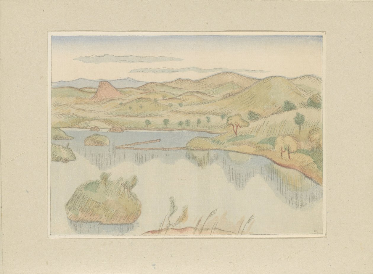 Järvi Bandaisan-vuoren juurella Bandaisan fumoto no ko Osa kaksi, Aizun alue (sarjan nimi) Dai nishû, Aizu no bu (sarjan nimi) Printit japanilaisista maisemista (sarjan nimi) Nihon fûkei hanga (sarjan nimi) tekijältä Morita Tsunetomo