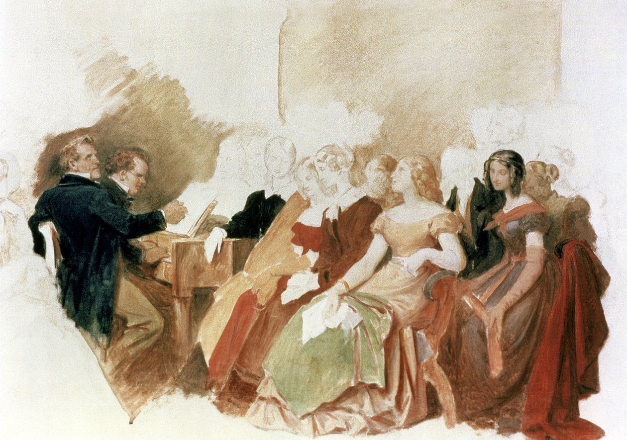 Opiskelu iltaa varten Baron von Spaunin luona: Schubert pianolla ystäviensä joukossa, mukaan lukien oopperabaritoni Johann Vogl (1768-1840) tekijältä Moritz Ludwig von Schwind