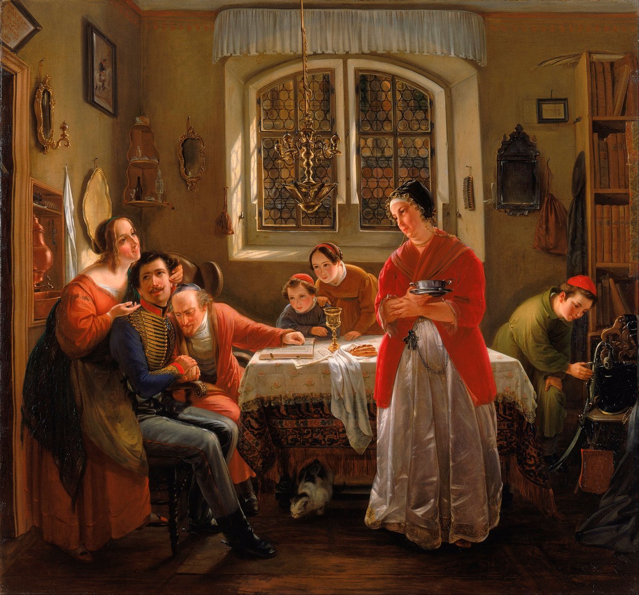 Vapaaehtoisen paluu vapaussodista vanhoja tapoja kunnioittaville perheilleen - Vapaaehtoisen paluu vapaussodista edelleen vanhojen tapojen mukaisesti eläville perheilleen - Oppenheim, Moritz Daniel (1800-1882) tekijältä Moritz Daniel Oppenheim