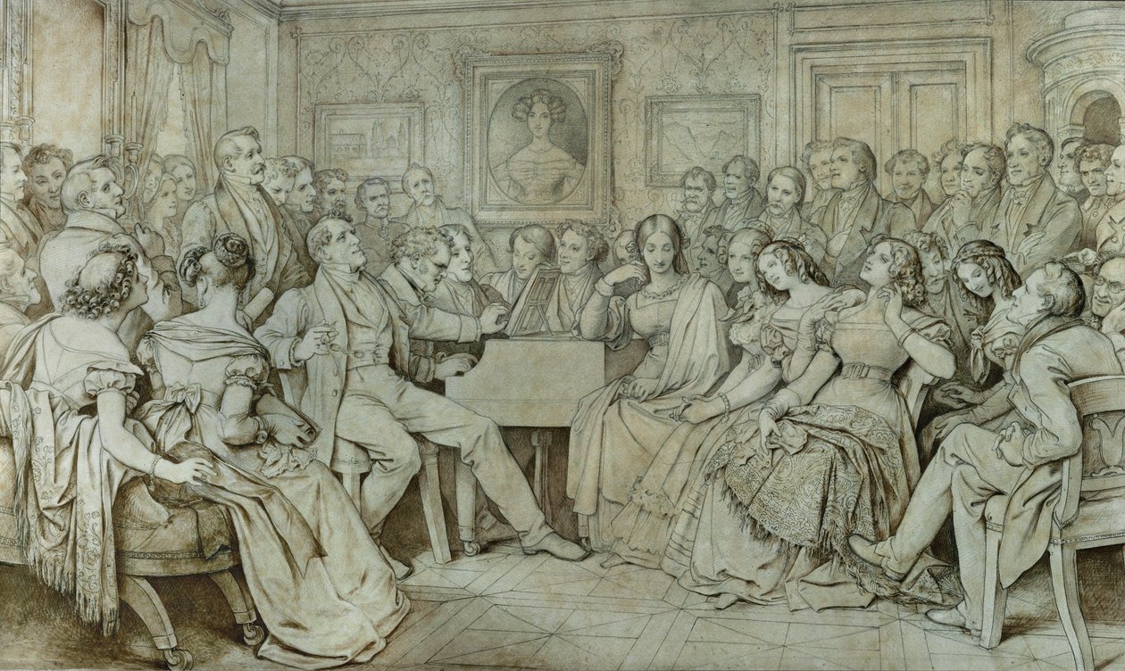 Ilta paroni Spaunin luona, Schubert pianon ääressä, tenori Johann Michael Vogl laulaa ... (muste, seepia) tekijältä Moritz Ludwig von Schwind