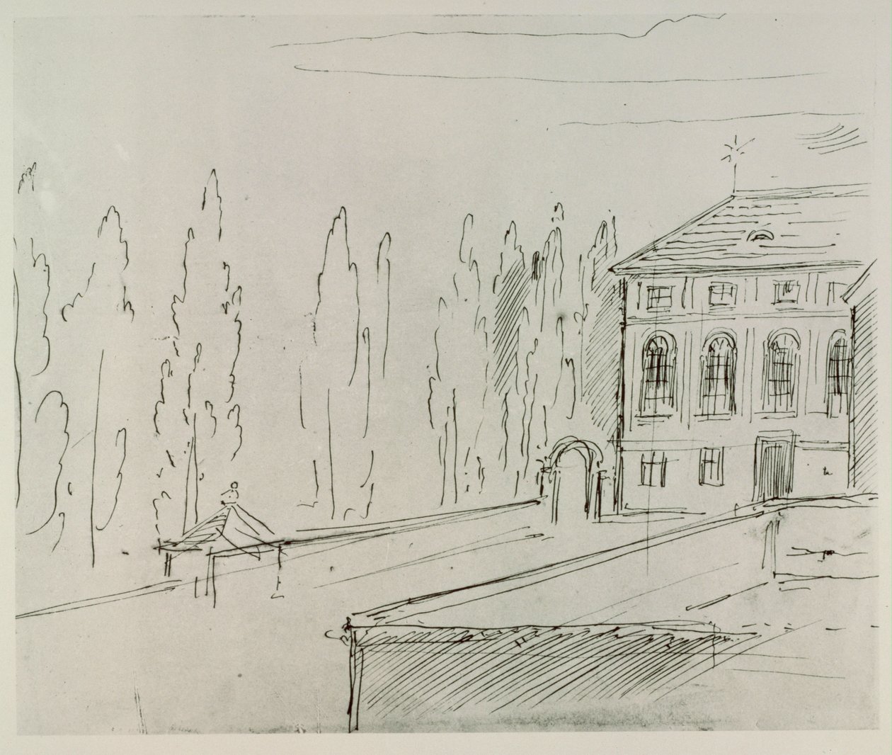 Wienin Karlskirchen lähellä sijaitsevan Haus zum goldenen Mondscheinin julkisivu, jossa Schwind asui ... tekijältä Moritz Ludwig von Schwind