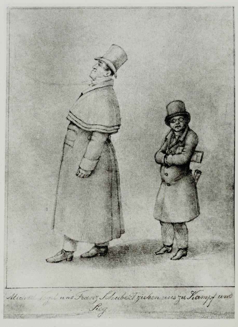 Johann Michael Vogl ja Franz Schubert marssivat taisteluun ja voittoon... (kaiverrus). tekijältä Moritz Ludwig von Schwind