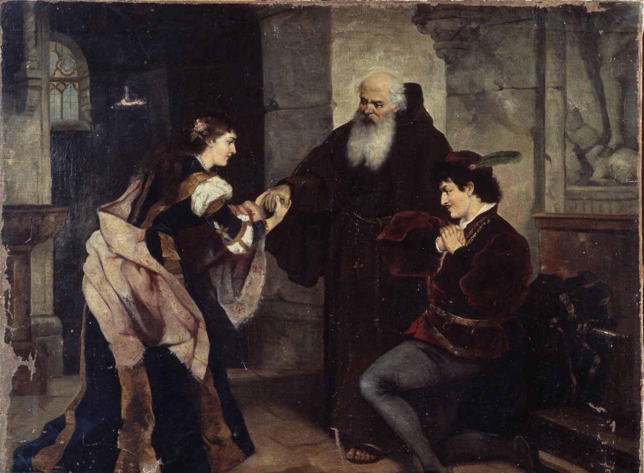 Romeon ja Julian häät. Kohtaus on saanut vaikutteita William Shakespearen (1564-1616) näytelmästä. Moritz Ludwig von Schwindin (1804-1871) maalaus, öljy kankaalle, itävaltalainen taide, 1800-luvun puoliväli, romantiikka. Historian ja taiteen museo, Cherep tekijältä Moritz Ludwig von Schwind