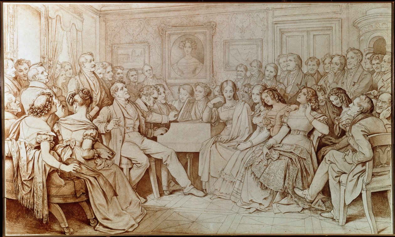Säveltäjä Franz Schubert säestää tenori Johann Michael Voglia musiikkiillassa Baron von Spaunissa (Piirustus tekijältä Moritz Ludwig von Schwind
