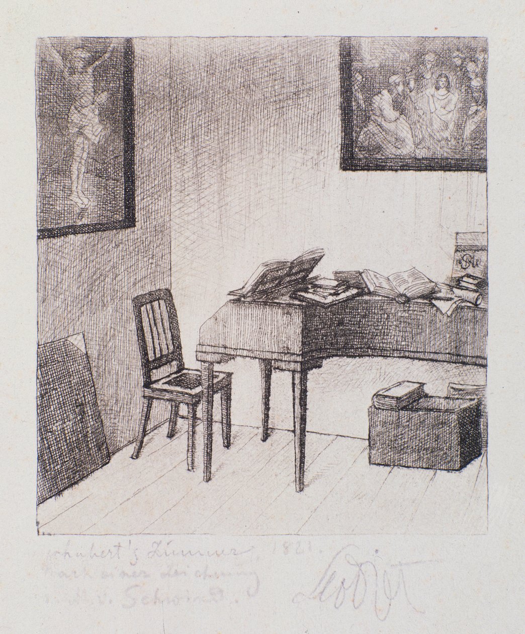 Näkymä Franz Schubertin huoneeseen (negraving) tekijältä Moritz Ludwig von Schwind