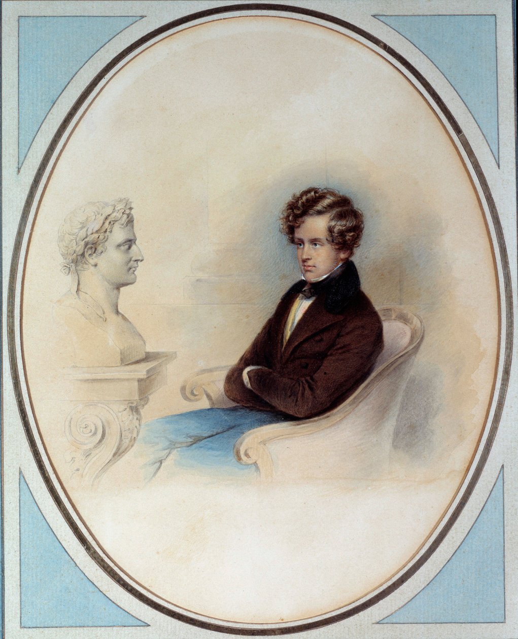 Muotokuva Rooman kuninkaan Napoleon II:sta, Reichstadtin herttuasta (1811-1832), keisari Napoleon I:n pojasta (1769-1821), hänen isänsä rintakuvan edessä Moritz Michael Daffingerin (1790-1849) vedos 1800-luvun yksityinen kokoelma tekijältä Moritz Michael Daffinger