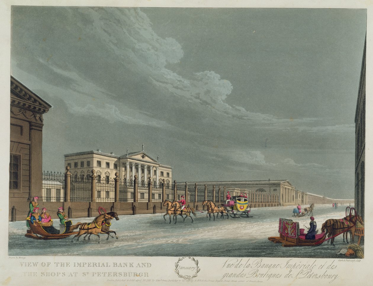 Näkymä Imperial Bankista ja Pietarin kaupoista, tammikuun kuvitus teoksesta "A Year in St. Petersburg", kaivertanut John H. Clark, värittänyt M. Dubourg, pub. 1815 Lontoossa, kirjoittanut Edward Orme tekijältä Mornay