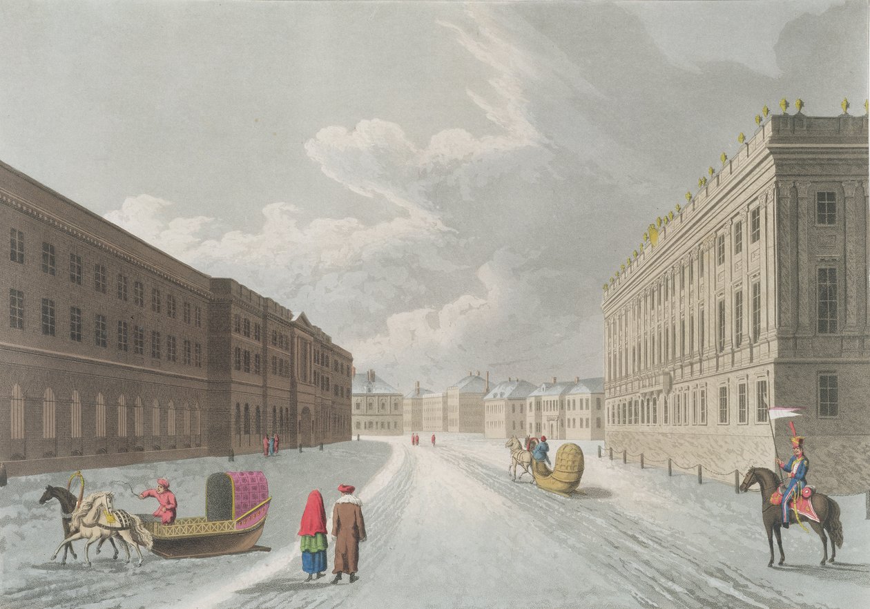 Näkymä Marmoripalatsiin Grand Millionessa, Pietarissa, helmikuun kuvitus teoksesta "Vuosi Pietarissa", kaivertanut John H. Clark, värittänyt M. Dubourg, pub. 1815 Lontoossa, kirjoittanut Edward tekijältä Mornay
