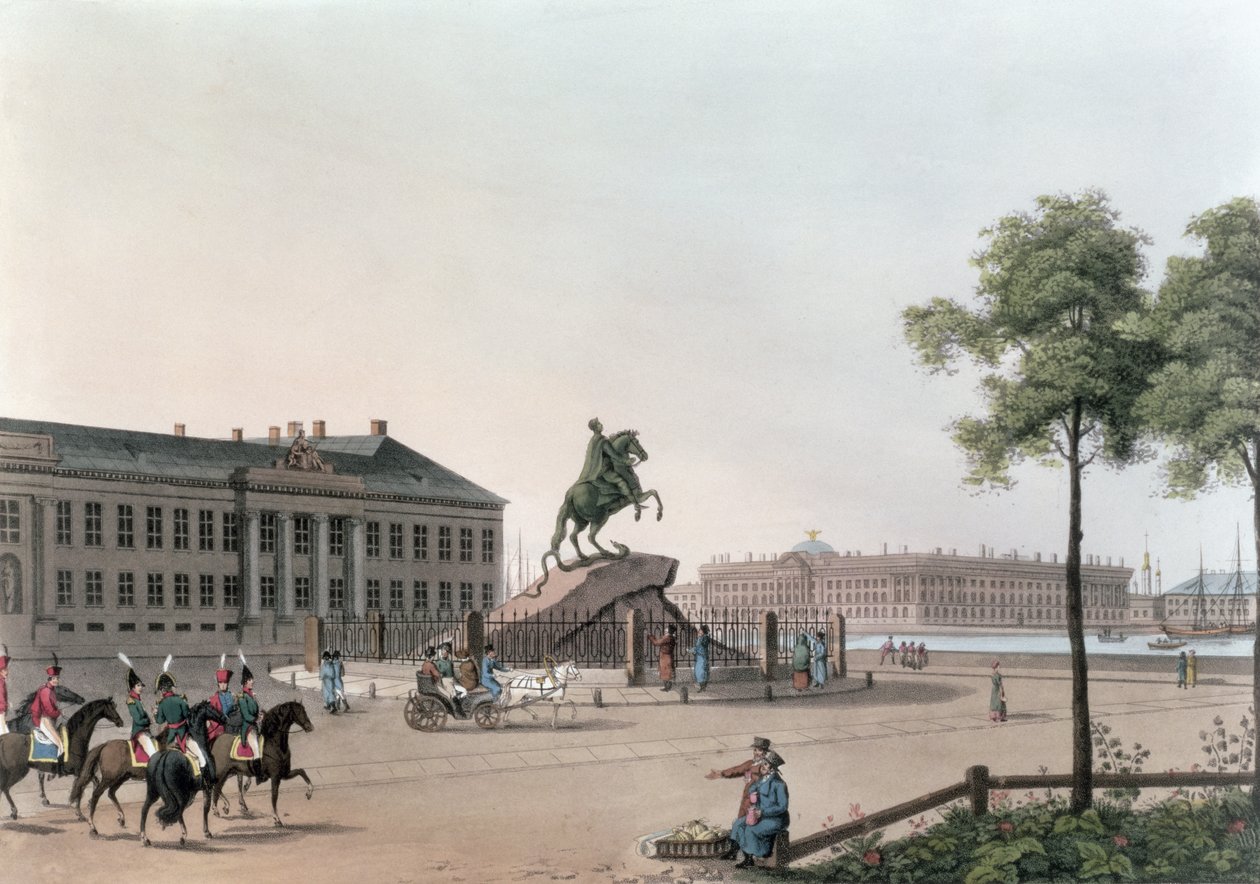 Näkymä Pietari Suuren paikalle ja Senaatin talolle Pietarissa, toukokuun kuvitus teoksesta "Vuosi Pietarissa", kaivertanut John H. Clark, värittänyt M. Dubourg, pub. 1815 Lontoossa s tekijältä Mornay