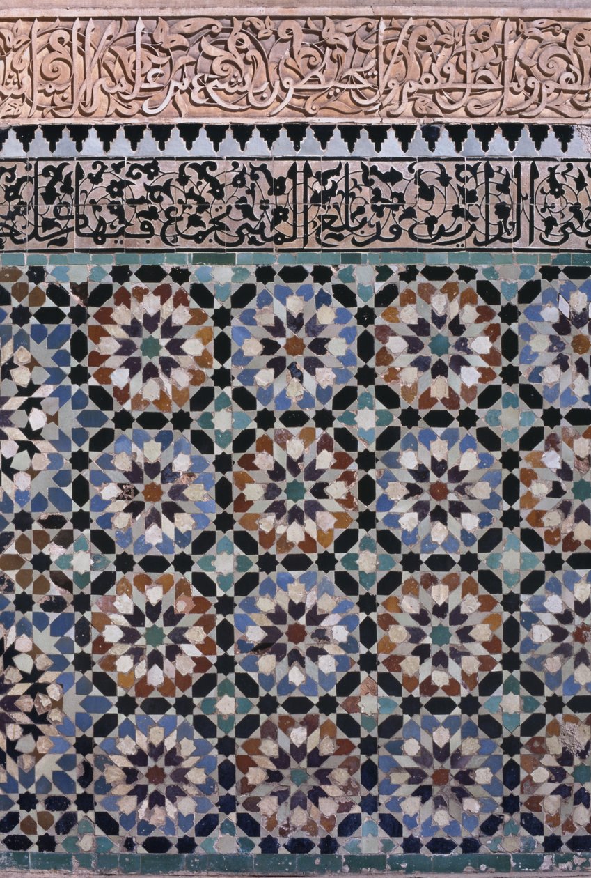 Pääpihan seinä, yksityiskohta, saadilaisten rakentama vuonna 1565 (zellij-laatat ja stukkityöt) tekijältä Moroccan School