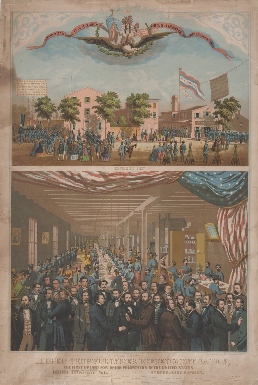 Cooper Shop Volunteer Refreshment Saloon - ensimmäinen avattu ammattiliiton vapaaehtoisille Yhdysvalloissa, n. 1862 tekijältä Morris H. Traubel