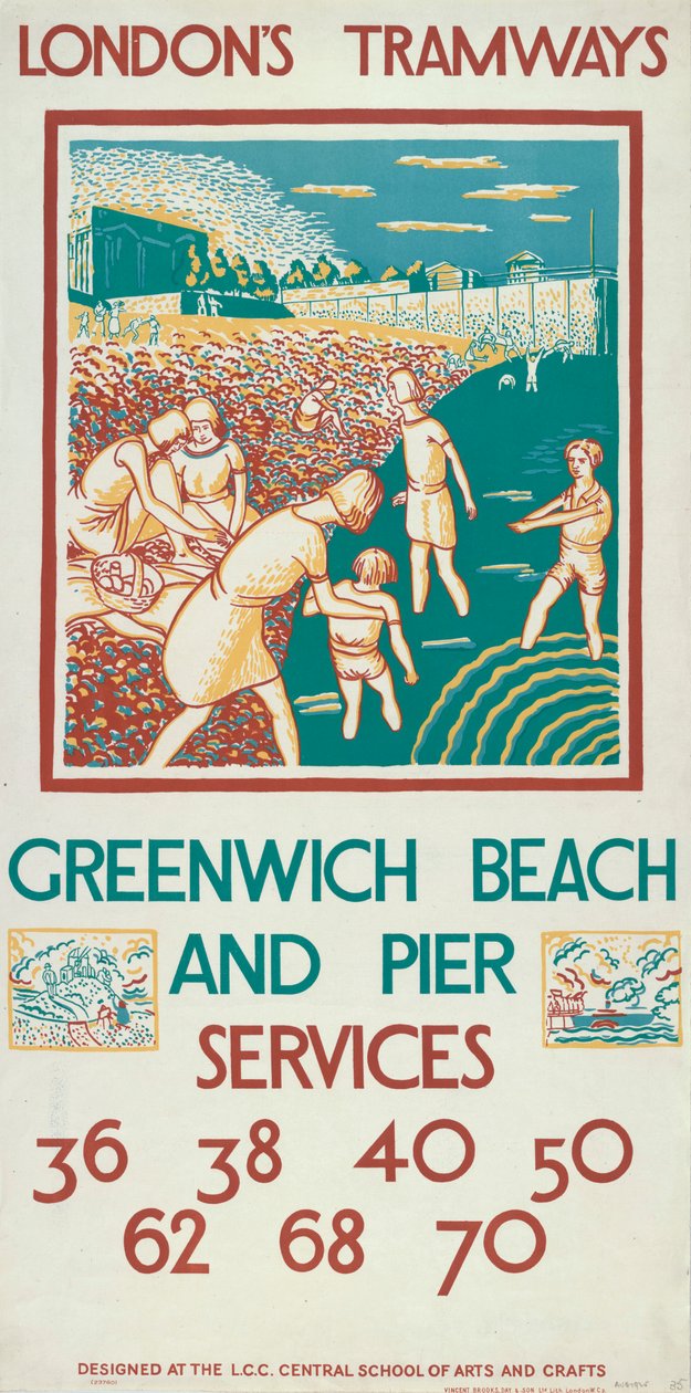 Cartell de "Greenwich Beach and Pier", LCC Tramways del Consell del Comtat de Londres, 1925 finlandès tekijältä Morris Kestelman