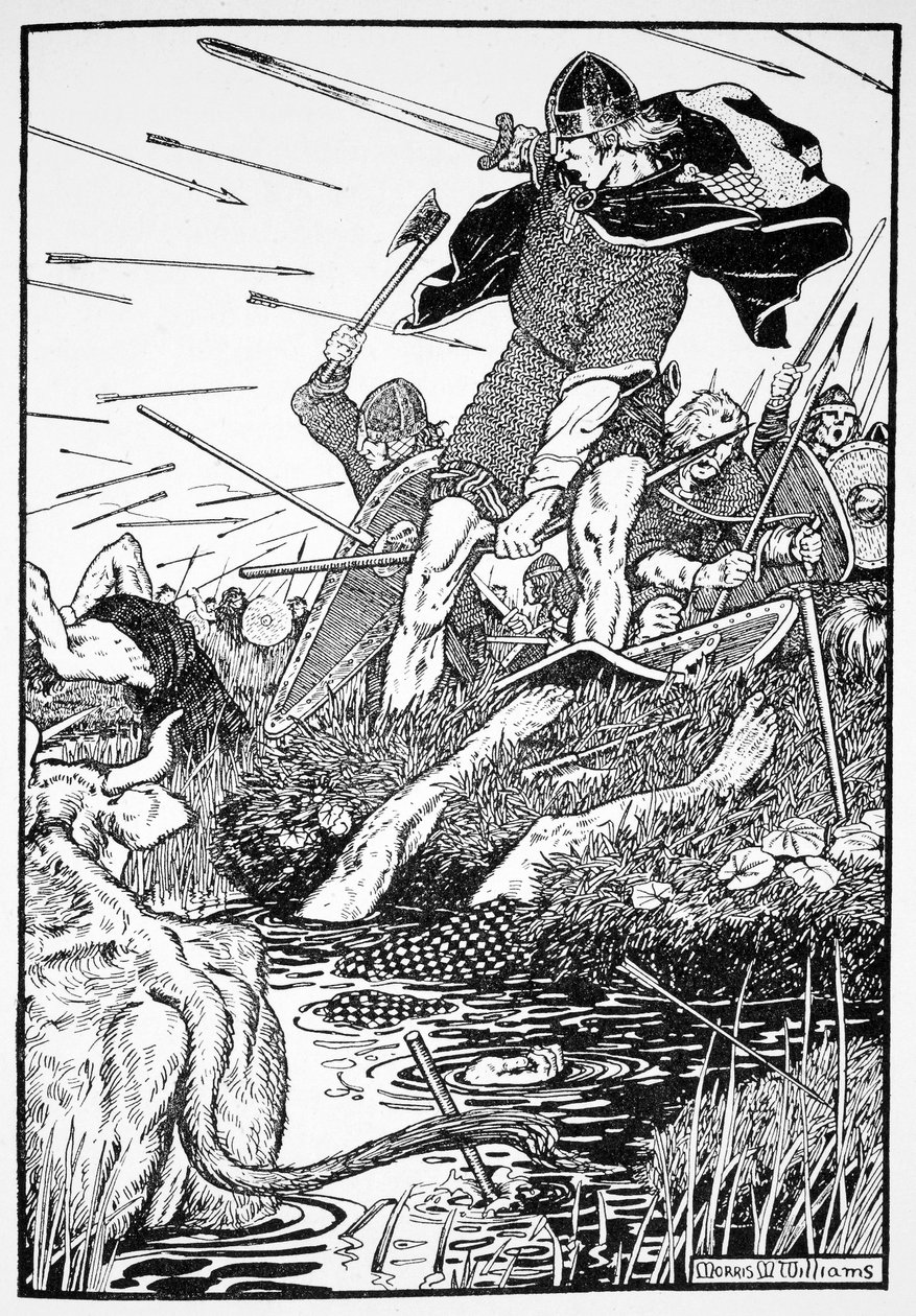 "King Magnus in the Marsh at Downpatrick", Irlanti, 1103 1913 tekijältä Morris Meredith Williams