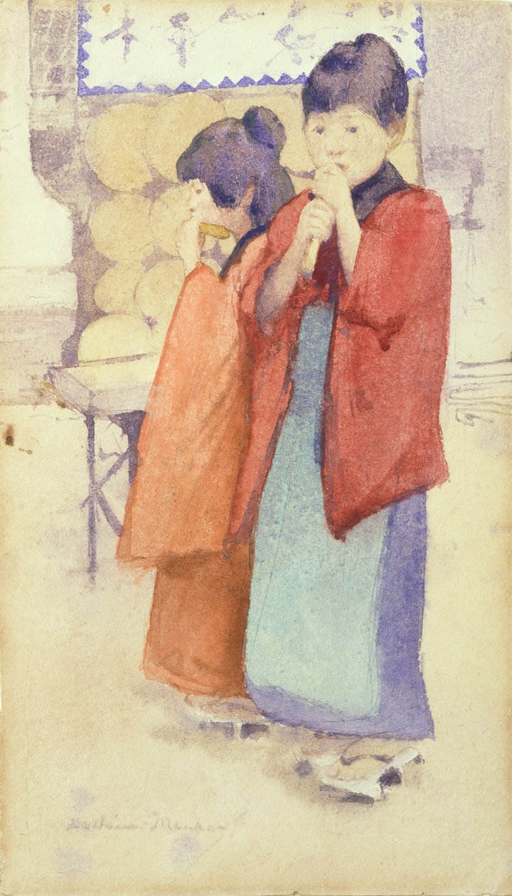 Kahden japanilaisen lapsen muotokuva, 1895-96 (wc kynän päällä paperilla) tekijältä Mortimer Ludington Menpes