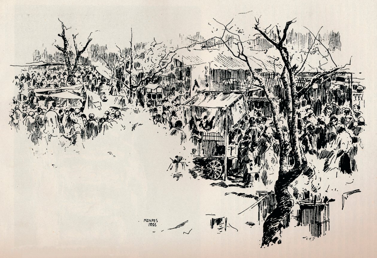 Katukohtaus Asakusassa, vuodelta 1897 tekijältä Mortimer L Menpes