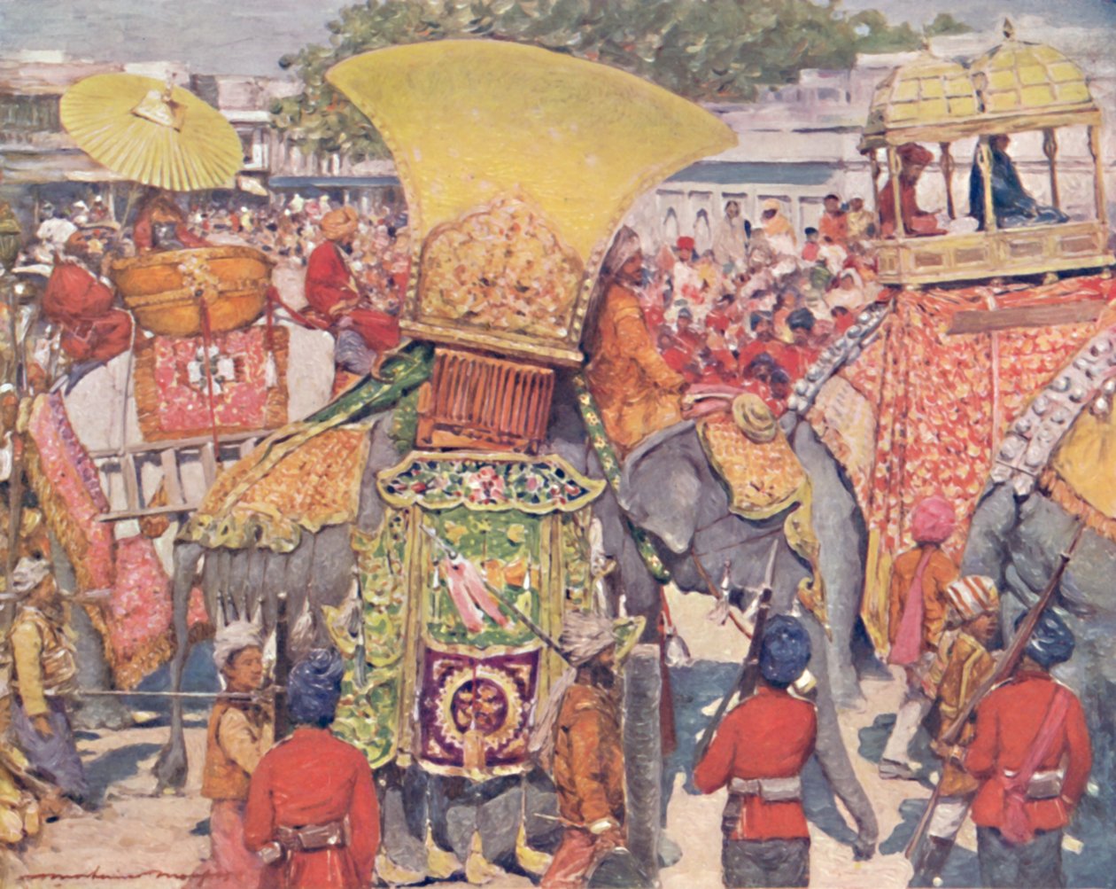 "Burman norsut valtion sisäänkäynnissä", 1903 tekijältä Mortimer L Menpes