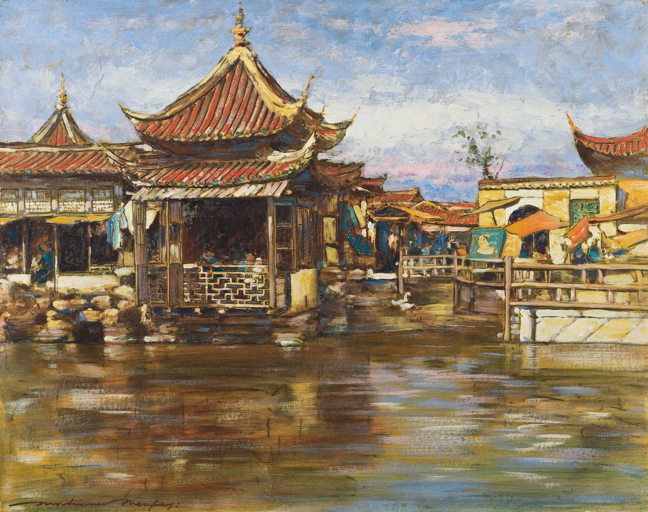 Tea House, Shanghai, n. 1909 (guassi & öljy levylle) tekijältä Mortimer Ludington Menpes