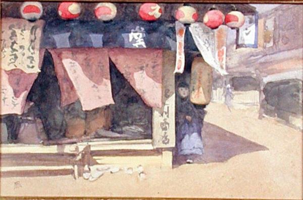 Outside a Teahouse, Japan, n. 1887-88 (akvarelli kortilla) tekijältä Mortimer Ludington Menpes