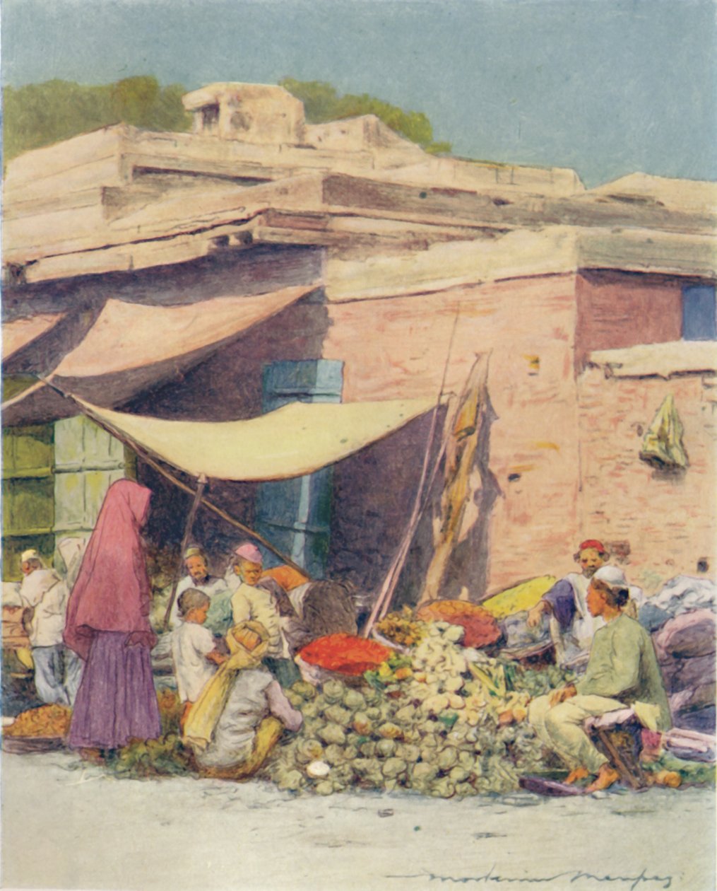 Vihannesmarkkinat, Delhi, 1905 tekijältä Mortimer Ludington Menpes