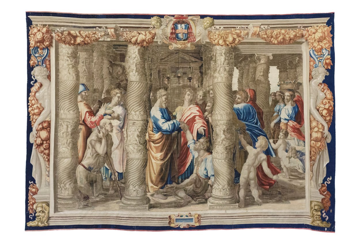 Pyhä Pietari parantaa raajarikon, noin 1630 (gobeliini Rafaelin piirrosten pohjalta). tekijältä Mortlake Tapestry Manufactory