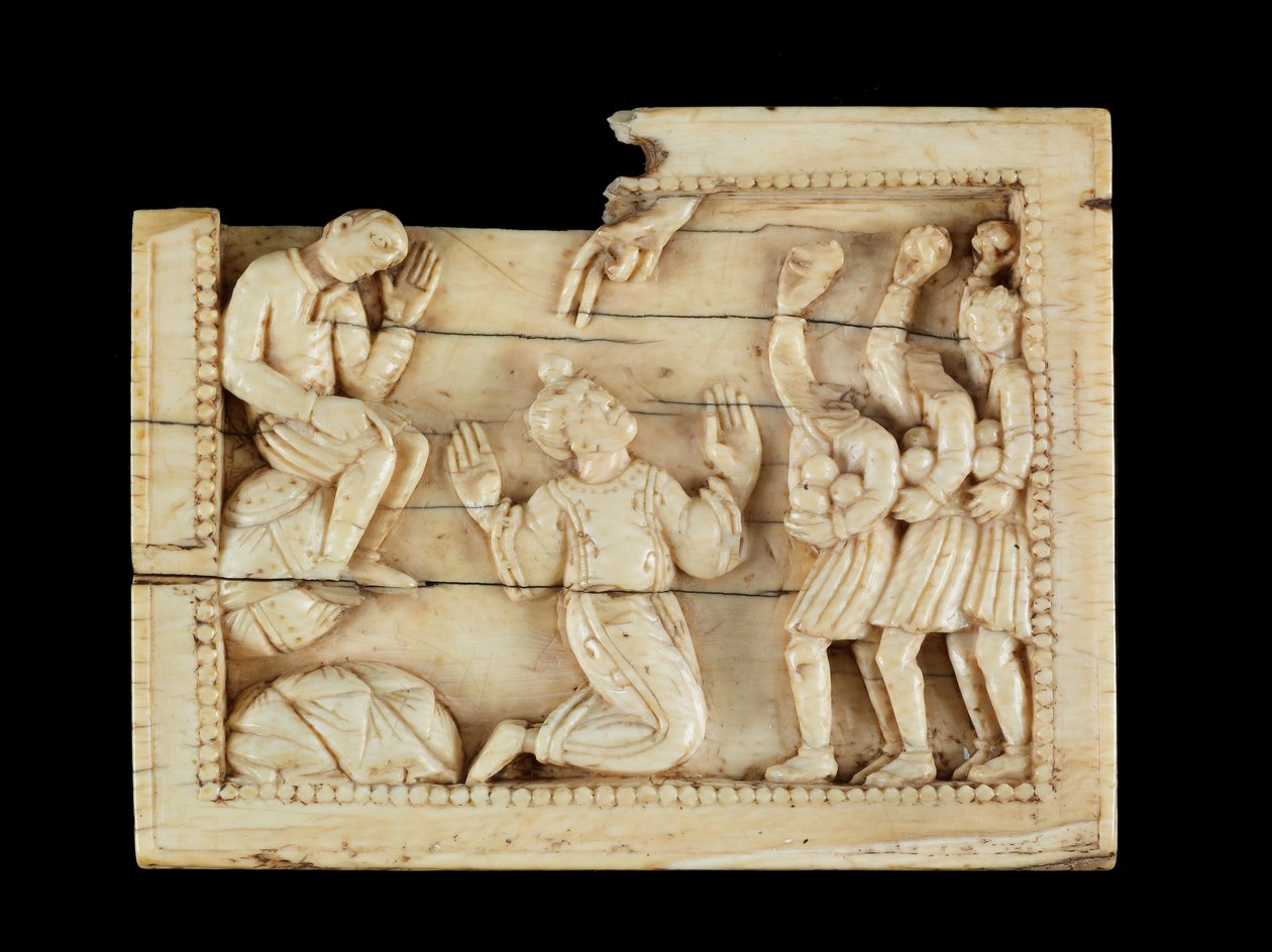 St. Stephenin kivittäminen, n. 1100 (norsunluu ja luu) tekijältä Mosan School