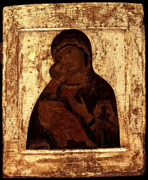 Vladimirin neitsyen ikoni, 1600-luvun alku (kultalehti ja tempera paneelissa) tekijältä Moscow School