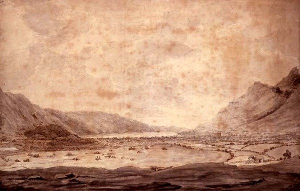Panoraamanäkymä Derwentwateriin ja Keswickin laaksoon, yksityiskohta laaksosta, jossa Bassenthwaite on kaukana, n. 1772 tekijältä Moses Griffith