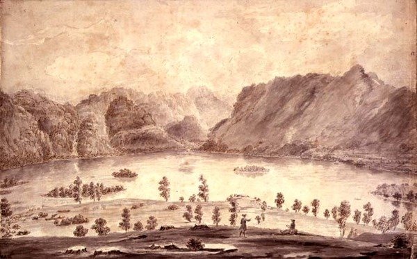 Panoraamanäkymä Derwentwateriin ja Keswickin laaksoon, yksityiskohta Derwent Waterin länsipuolelta, n. 1772 tekijältä Moses Griffith