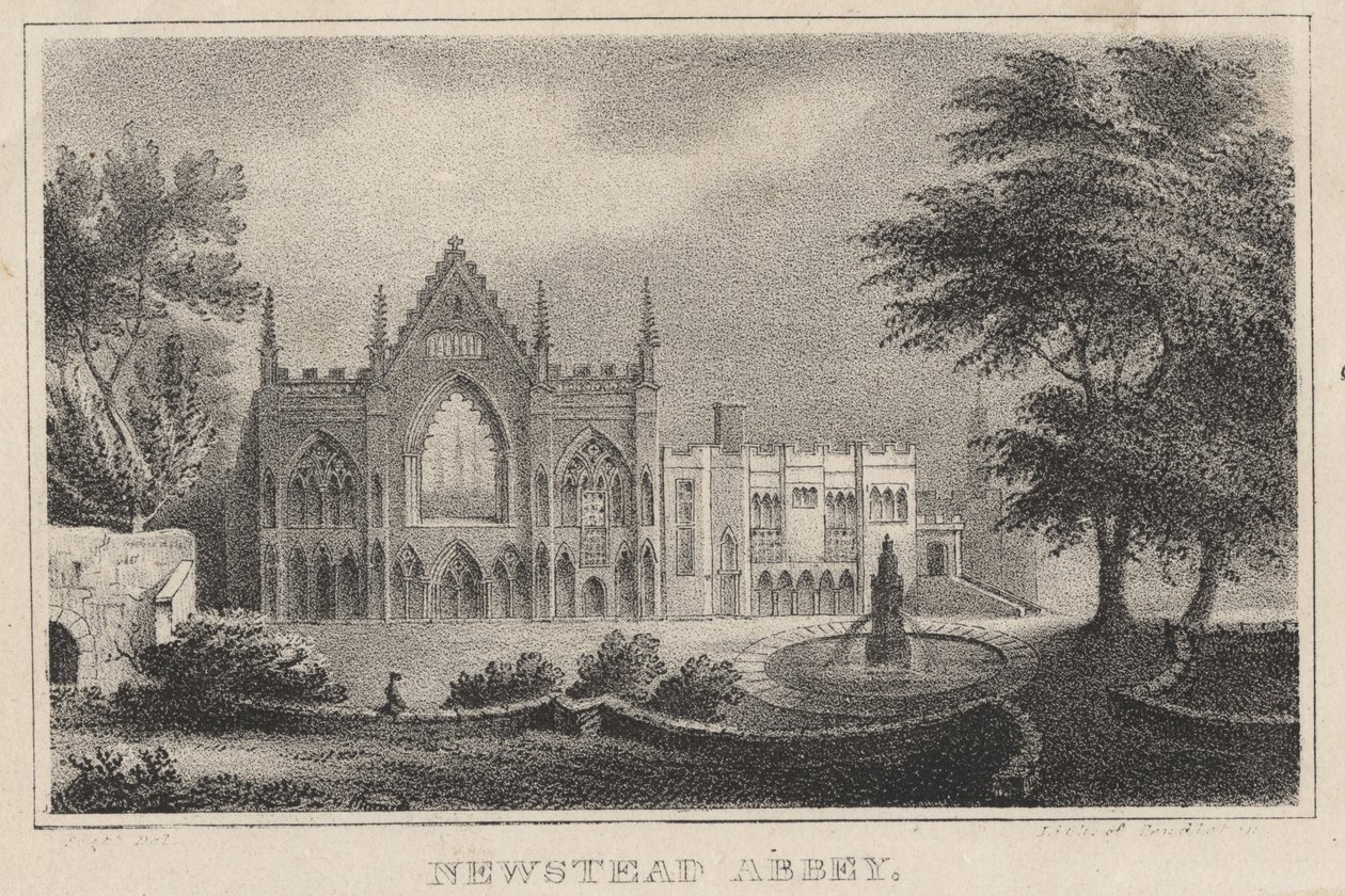 Newstead Abbey, The Atlantic Souvenir -lehdestä, 1828 tekijältä Moses Swett