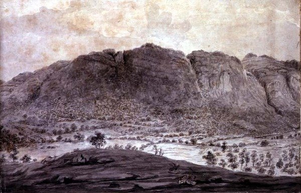 Panoraamanäkymä Derwentwateriin ja Keswickin laaksoon, yksityiskohta vuorista, n. 1772 (lyijykynä ja pesu paperille) (katso 92086-90) tekijältä Moses (attr. to) Griffith