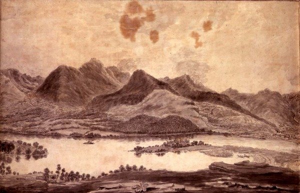 Panoraamanäkymä Derwentwateriin ja Keswickin laaksoon, yksityiskohta Derwent Waterin pohjoispäästä, n. 1772 (lyijykynä ja pesu paperille) (katso 92086 ja 92088-91) tekijältä Moses (attr. to) Griffith