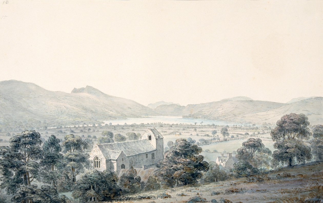 Näkymä Bala Poolille, Llyntagit, Llanfawrin kirkon yläpuolelta, Meirionethshire tekijältä Moses Griffith