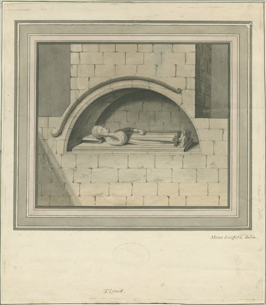 Elford Church - "The Stanley Monument": vesiväripiirros, nd [?18th century] tekijältä Moses Griffiths