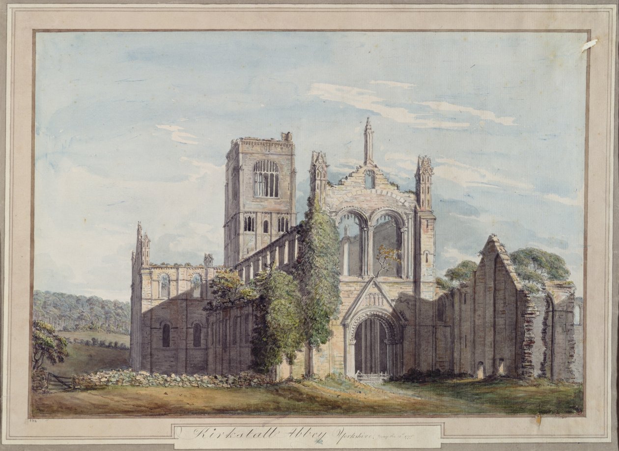 Luoteisnäkymä Kirkstall Abbeysta, 1777 tekijältä Moses Griffiths