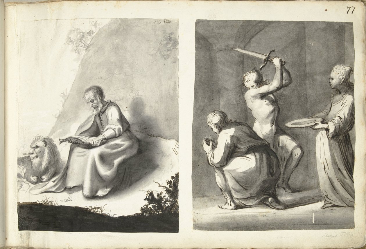 Pyhä Hieronymus erämaassa ja Johannes Kastajan mestaus tekijältä Moses ter Borch (signed by artist)
